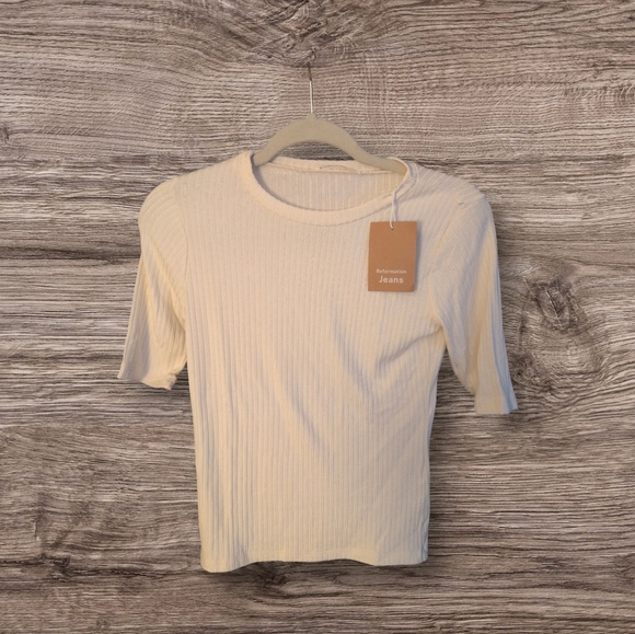 New Reformation Janine Knit Tencel Ribbed 3/4 Sleeve Pullover Ivory Top Blouse - Picture 3 of 5